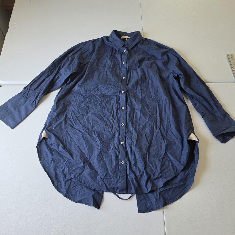 Free People Tunic Shirt Small Navy Blue Cotton Tie Back Long Sleeve
